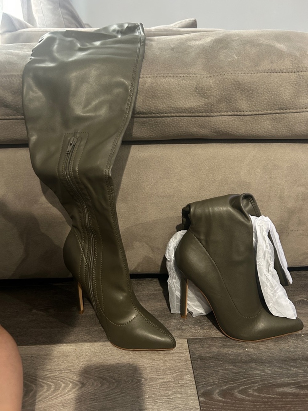 Miss Lola Olive Green Pointed-Toe Over-the-Knee Stiletto Boots